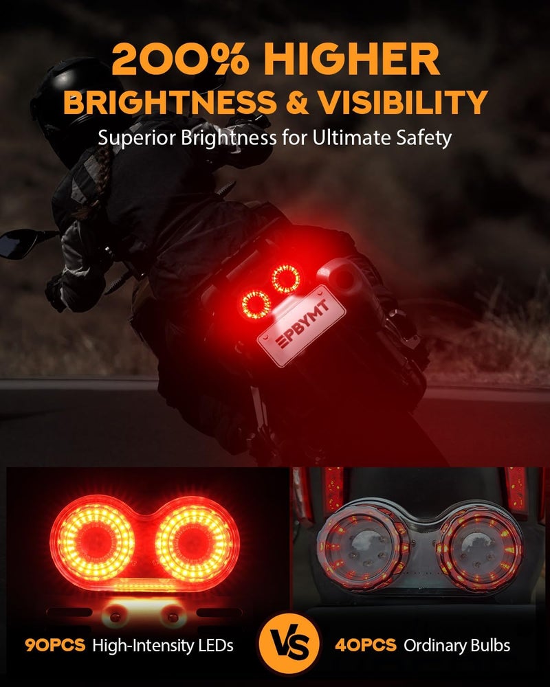 PBYMT Enhanced Motorcycle Tail Light, 90LEDs Break light Running Lights, IP67 Waterproof Turn Signals with License Plate Bracket Compatible with Street Bike Cruiser Chopper Bobber (Red) - Image 2